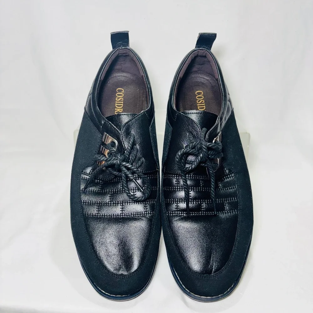 Cosidre Mens Black Leather Mixed Media Quilted Fashion Sneakers E034 Size 47